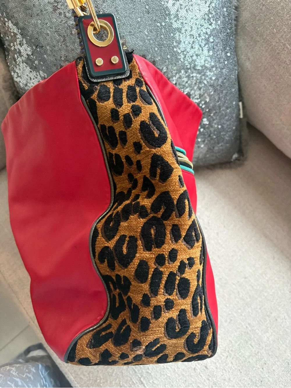 Louis Vuitton Red Leather Hobo with Leopard-Print Sides